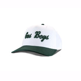 White and green baseball cap with embroidered "Bus Boys" text in dark green script lettering