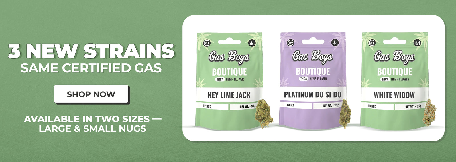 Three packages of 'Gas Boys' cannabis products on a green background with promotional text.