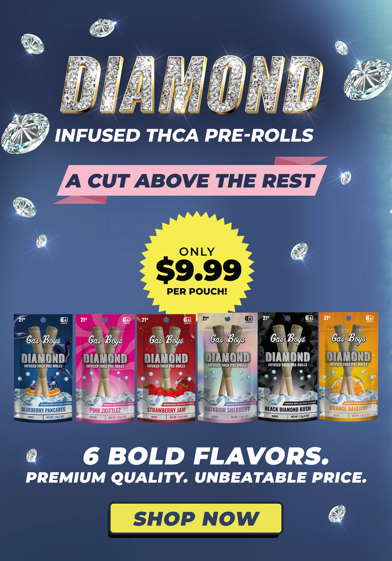Advertisement for Diamond Infused THCA Pre-Rolls with product packaging and promotional text on a blue background.