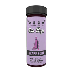 Gas Boys Grape Soda Delta 9 Gummy jar with purple label, 400mg nano gummies, 16 count, vegan certified