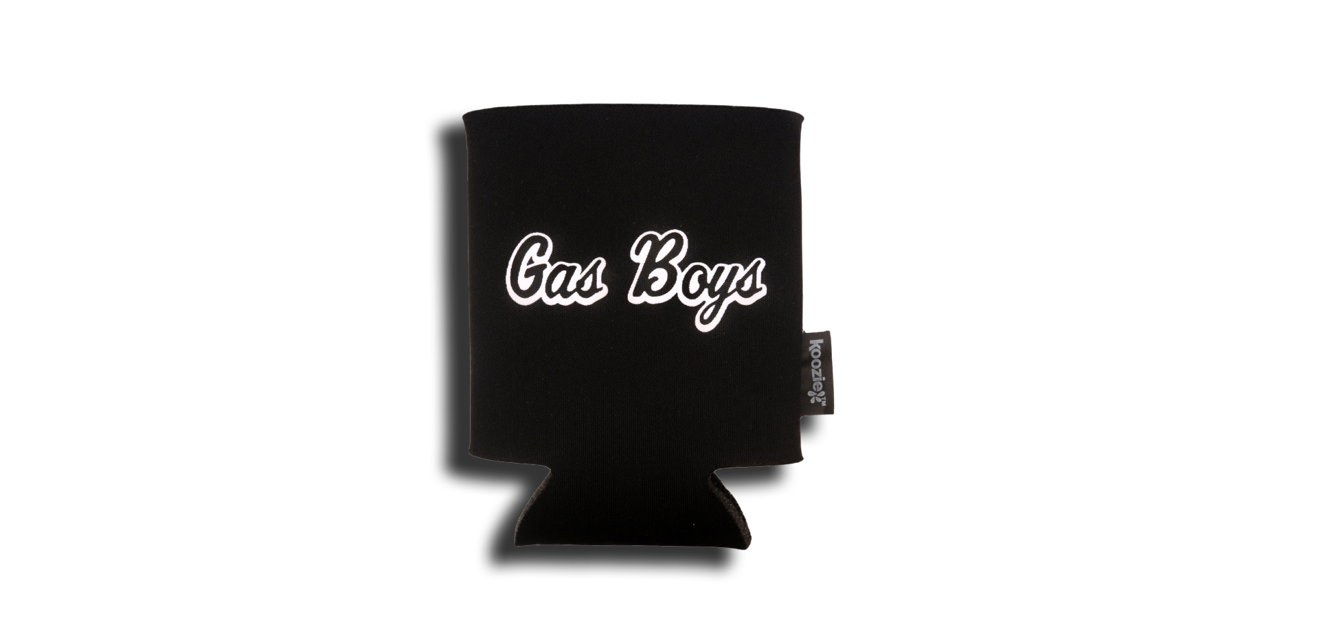 Black can cooler with white "Gas Boys" text and Koozie brand tag