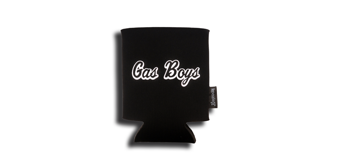 Black can cooler with white "Gas Boys" text and Koozie brand tag