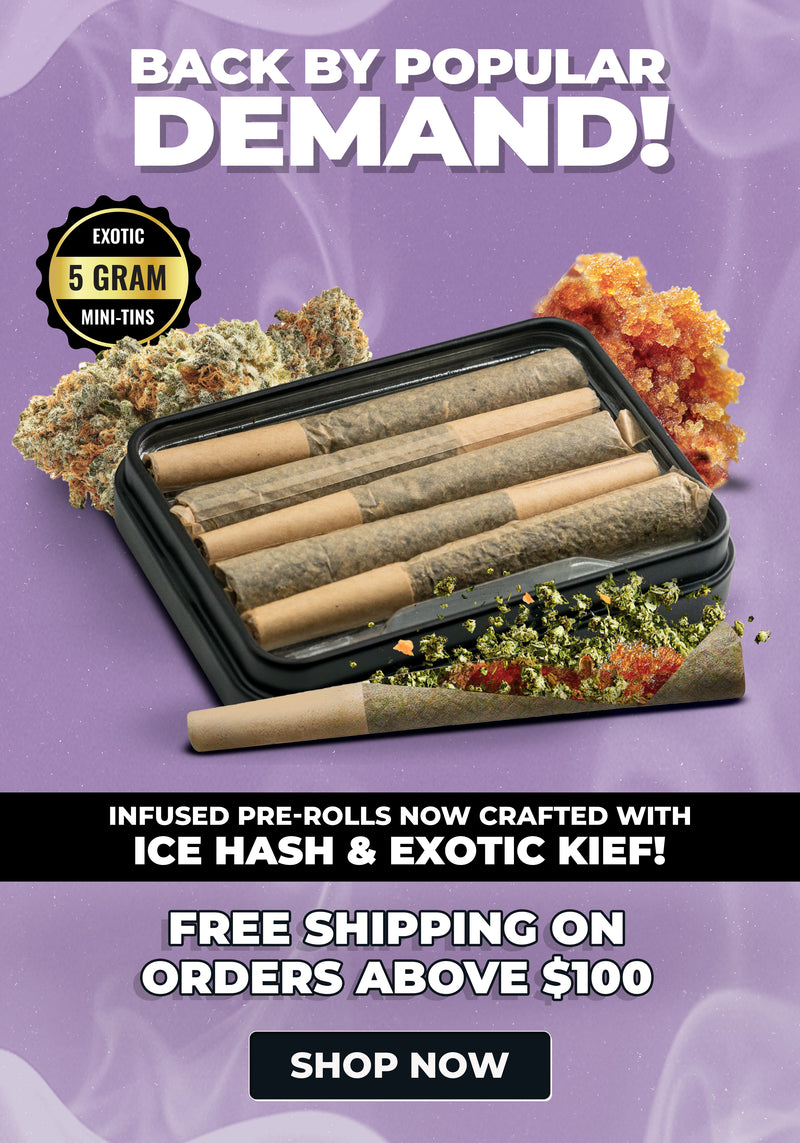 Promotional image of pre-rolled joints with ice hash and exotic kief on a purple background.