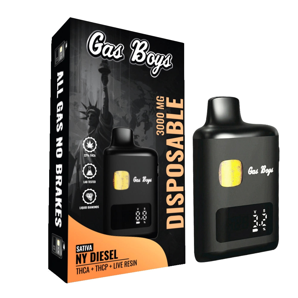 Gas Boys NY Diesel disposable vape device with black packaging featuring Statue of Liberty, 3000mg strength, sativa strain.