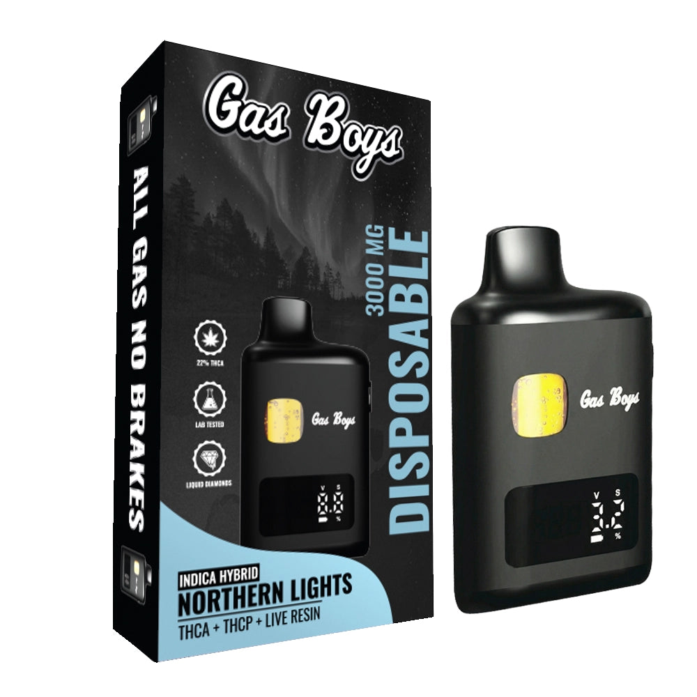 Black Gas Boys disposable vape device with Northern Lights strain, 3000mg, against starry night background with forest silhouette.