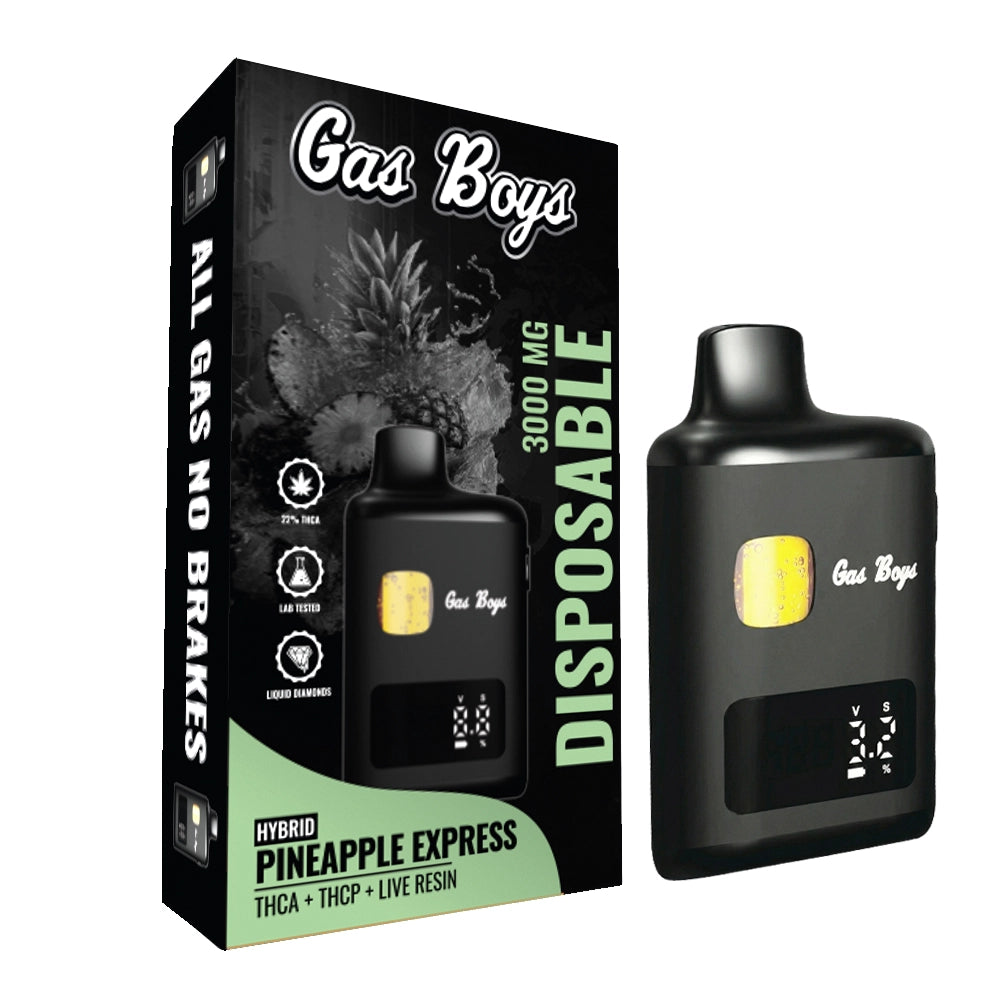 Gas Boys Pineapple Express hybrid disposable vape device, black box with green accents, 3000mg THC vape pen beside packaging.