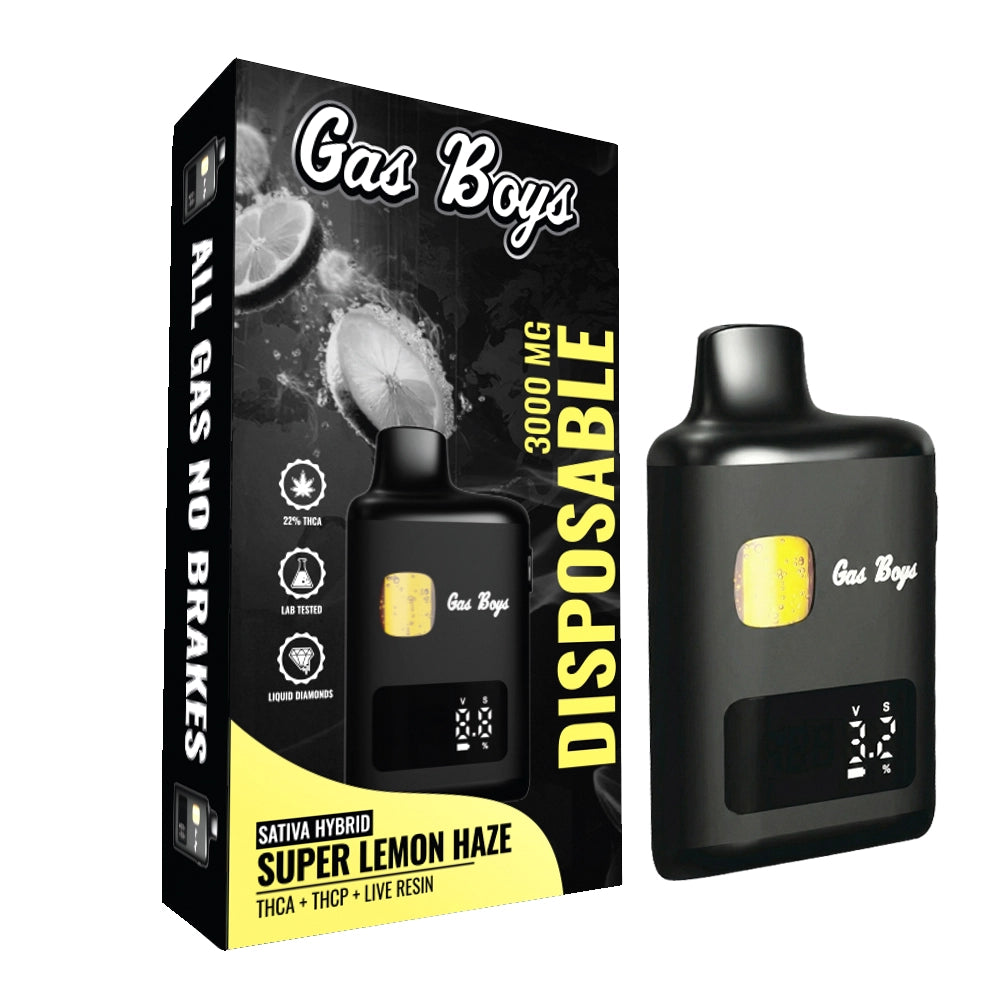 Gas Boys Super Lemon Haze disposable vape device, black with yellow accents, 3000mg THC-A, sativa hybrid.