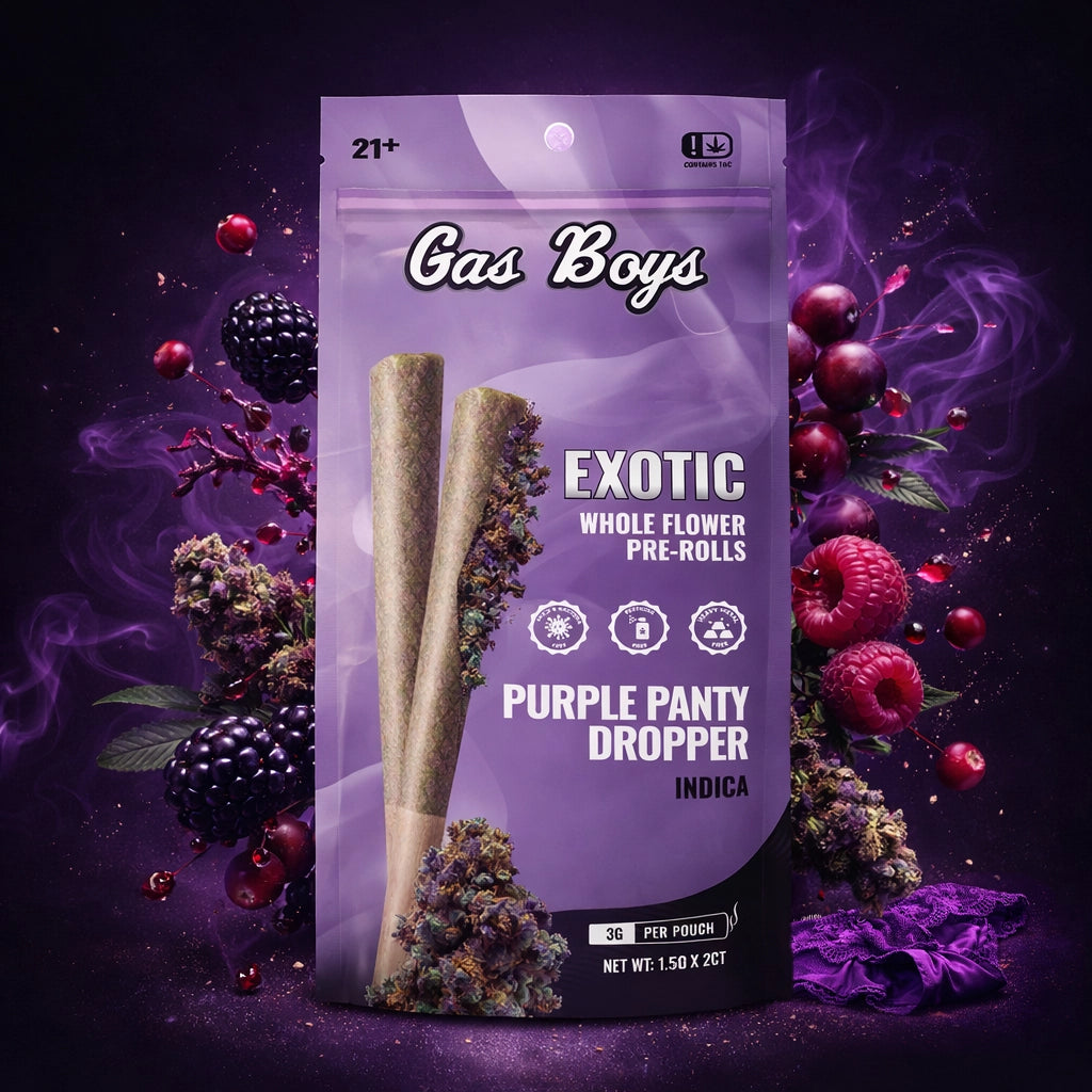 PURPLE PANTY DROPPER WHOLE FLOWER PRE-ROLLS 2CT Pouch (1.5g Each PURPLE PANTY DROPPER WHOLE FLOWER PRE-ROLLS 2CT Pouch (1.5g Each
