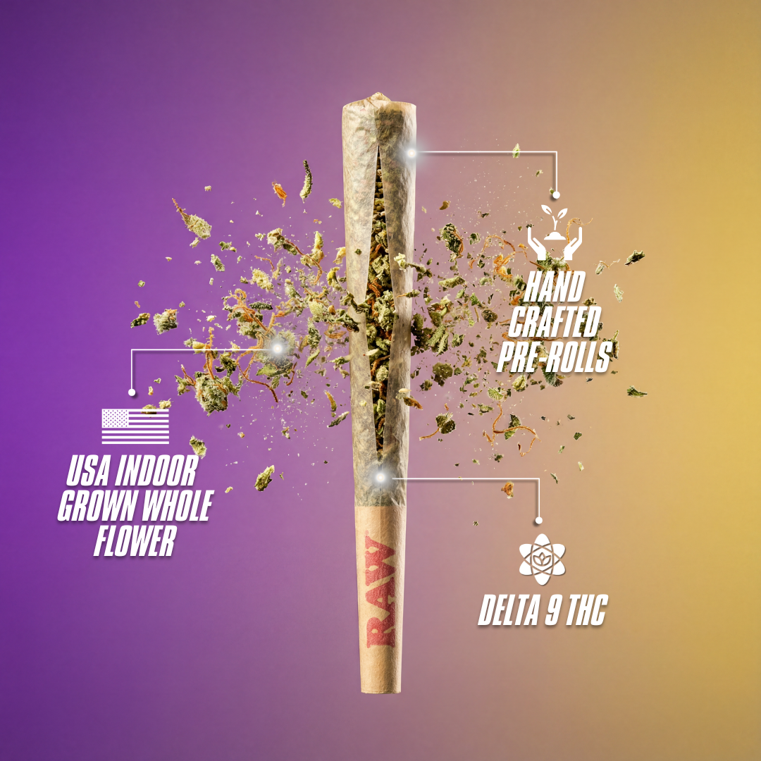 Cannabis pre-roll with visible ingredients on a gradient purple and yellow background, featuring 'RAW' brand and text about indoor grown whole flower and Delta 9 THC.