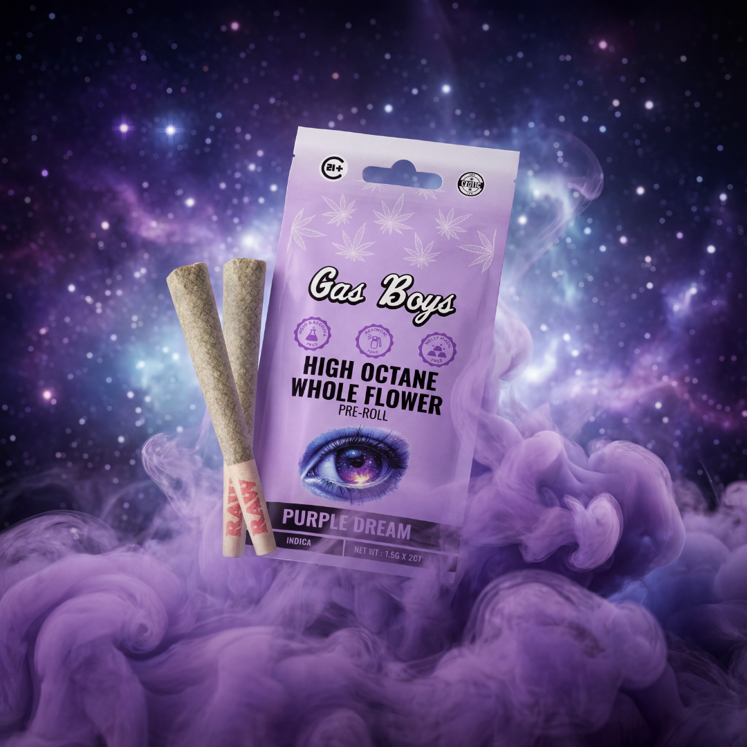 Gas Boys high octane whole flower pre-roll packaging with purple dream theme against a cosmic background.