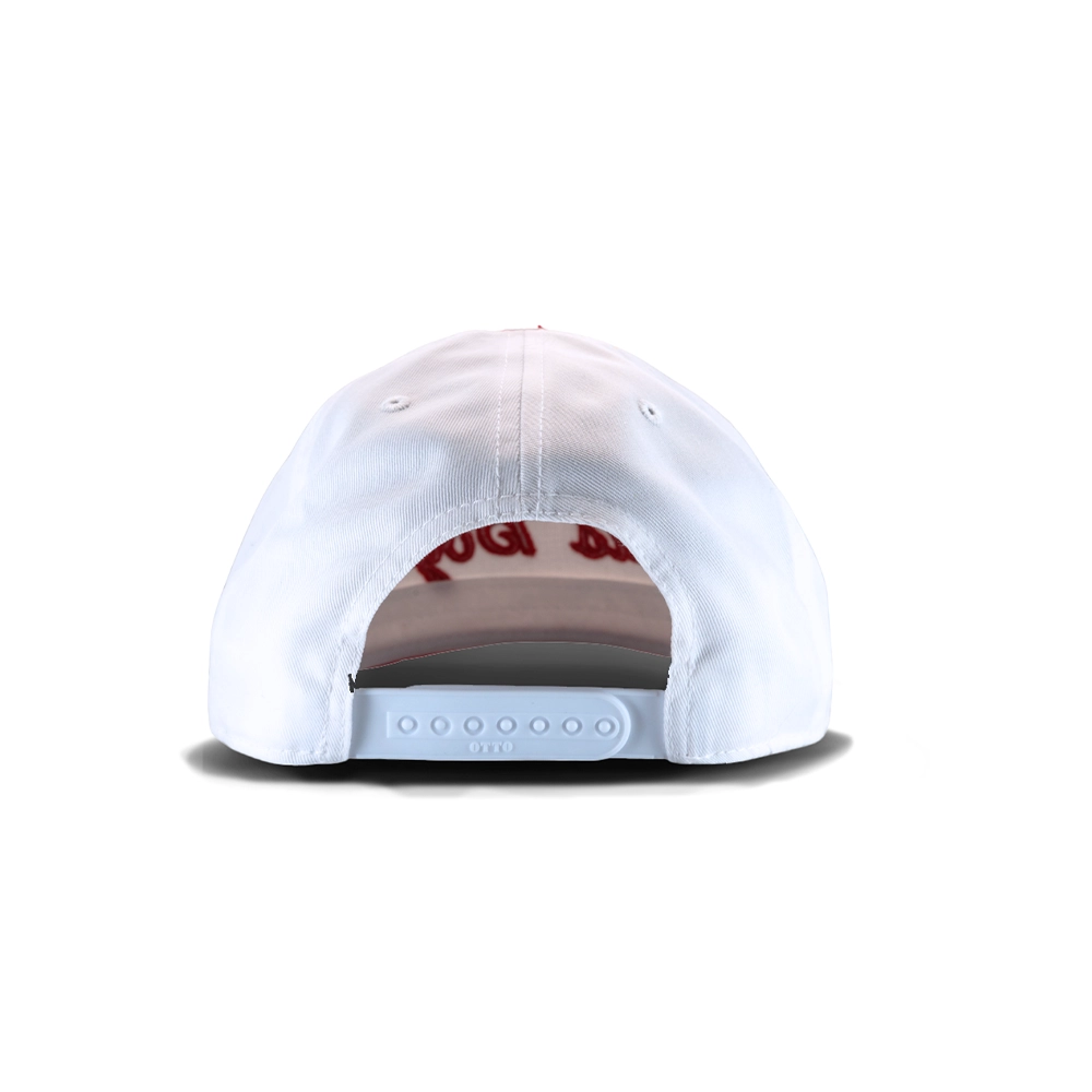 White snapback cap with adjustable strap, viewed from the back against a plain white background.