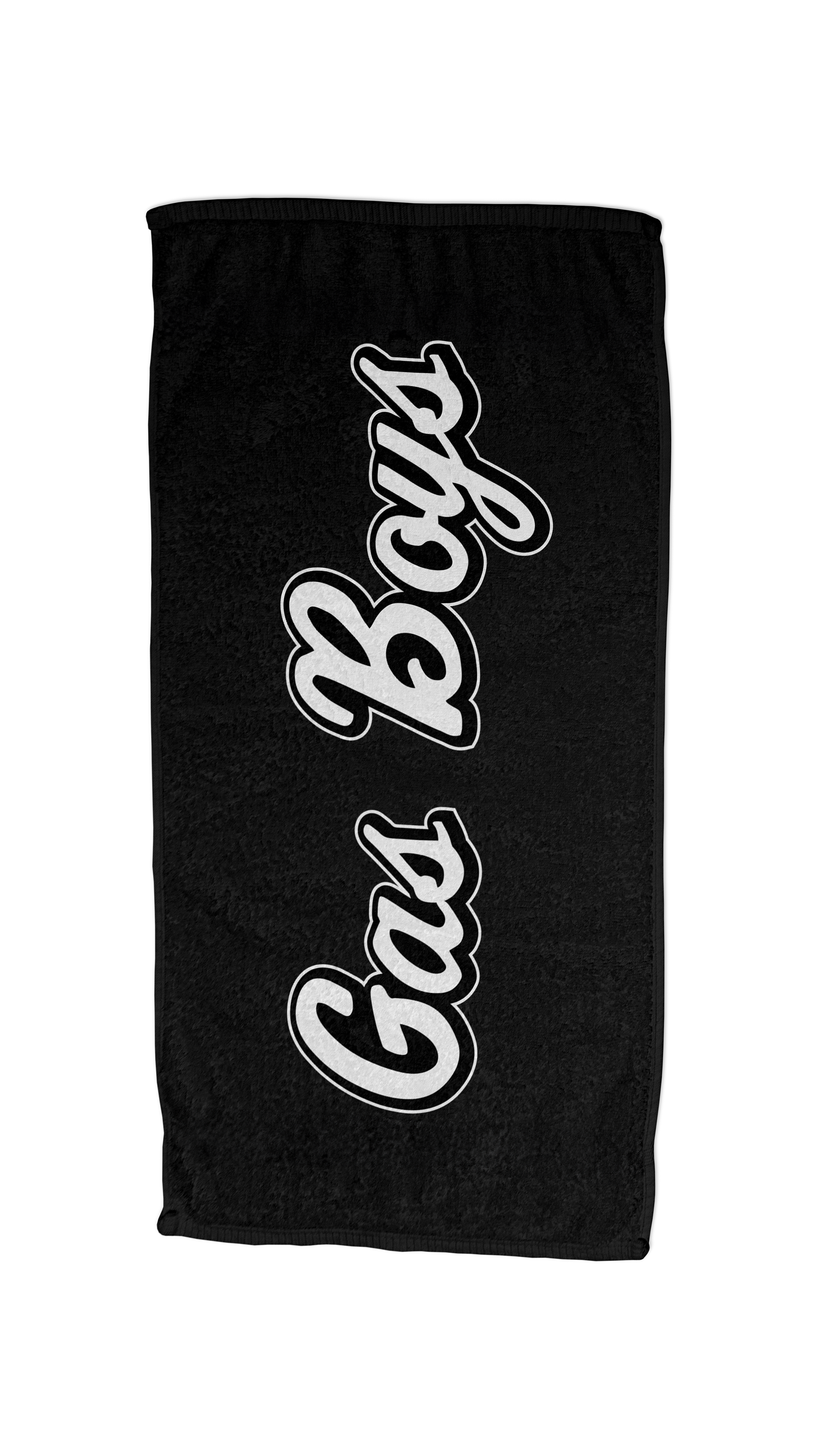 Black towel with 'Gas Boys' text in white on a white background