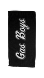 Black towel with 'Gas Boys' text in white on a white background