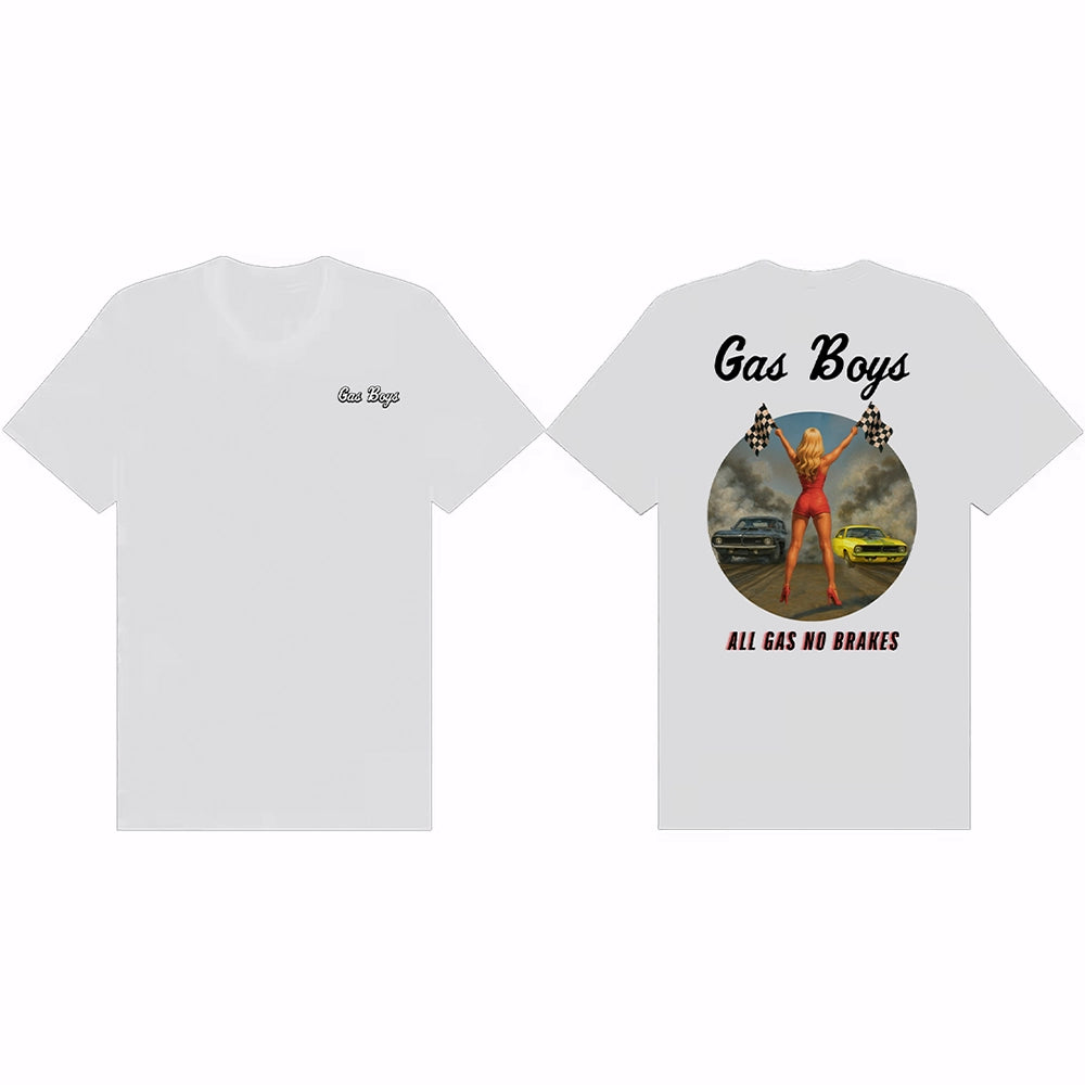 White t-shirt with 'Gas Boys' graphic design on a white background